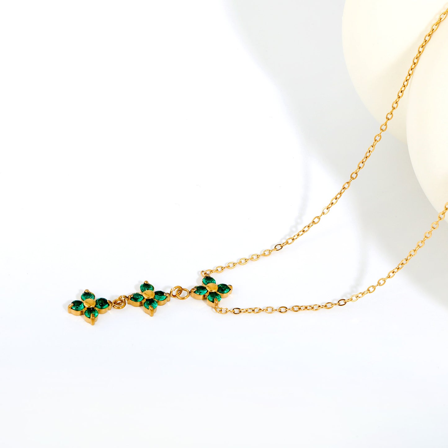 Triple Emerald Green CZ Four Leaf Clover Drop Y-Necklace Gold