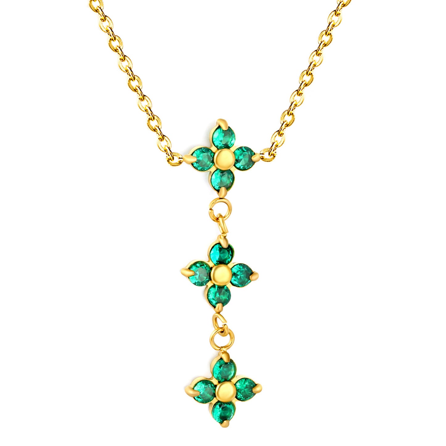 Triple Emerald Green CZ Four Leaf Clover Drop Y-Necklace Gold