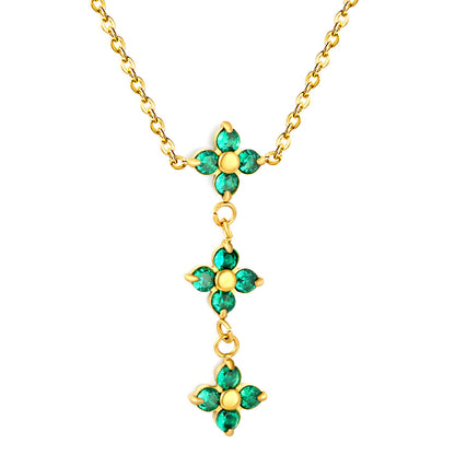 Triple Emerald Green CZ Four Leaf Clover Drop Y-Necklace Gold