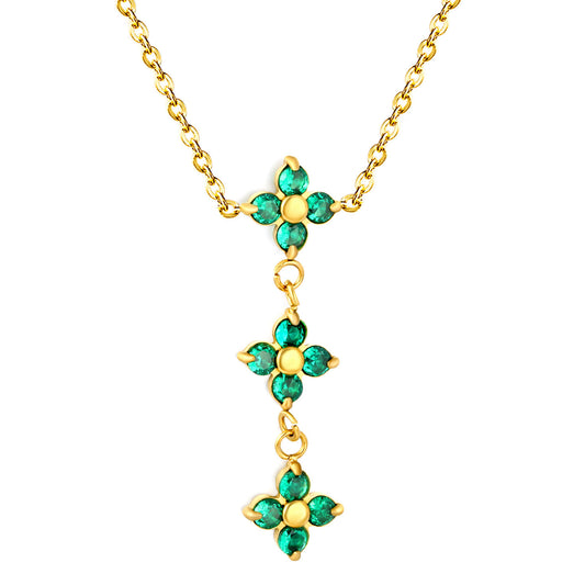 Triple Emerald Green CZ Four Leaf Clover Drop Y-Necklace Gold