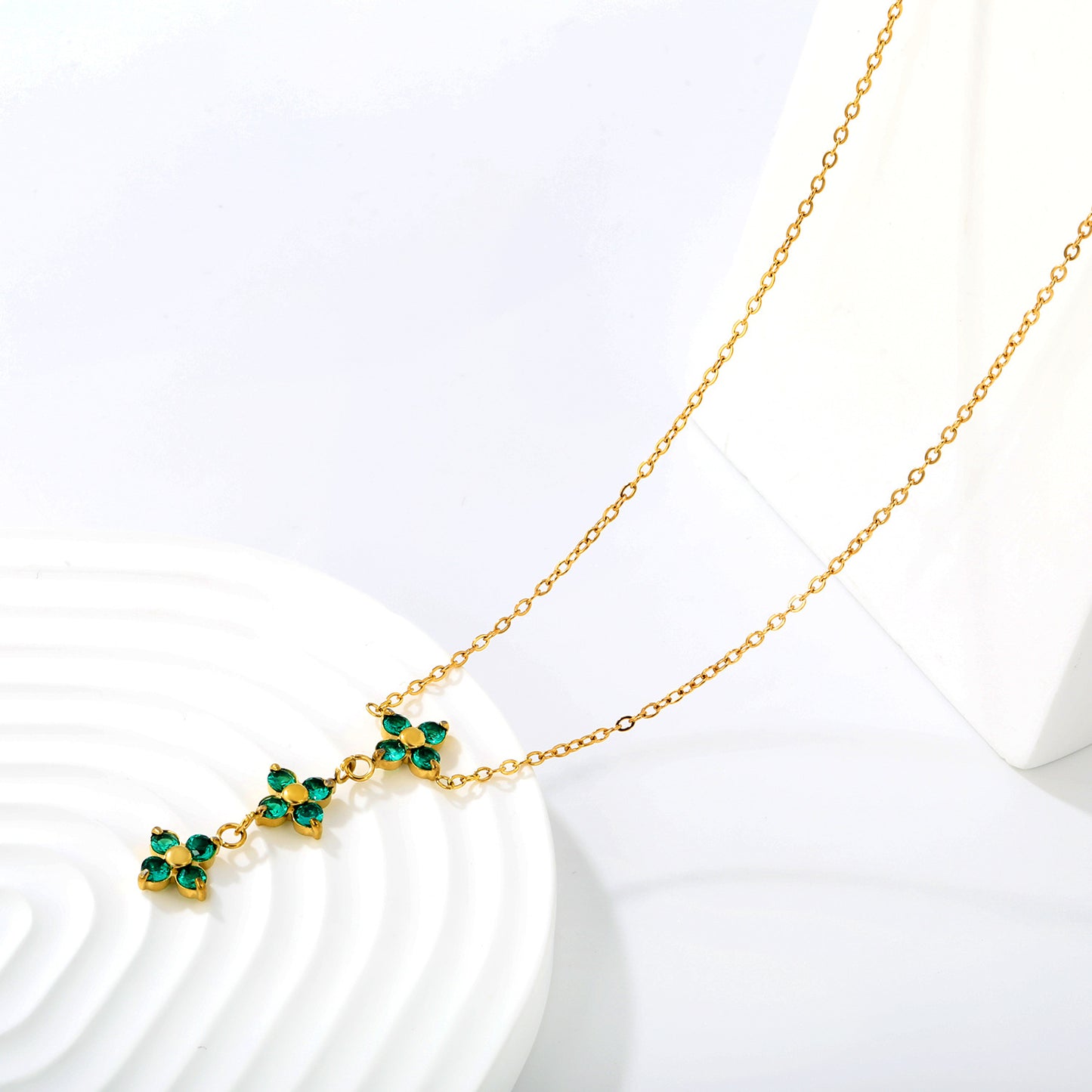 Triple Emerald Green CZ Four Leaf Clover Drop Y-Necklace Gold