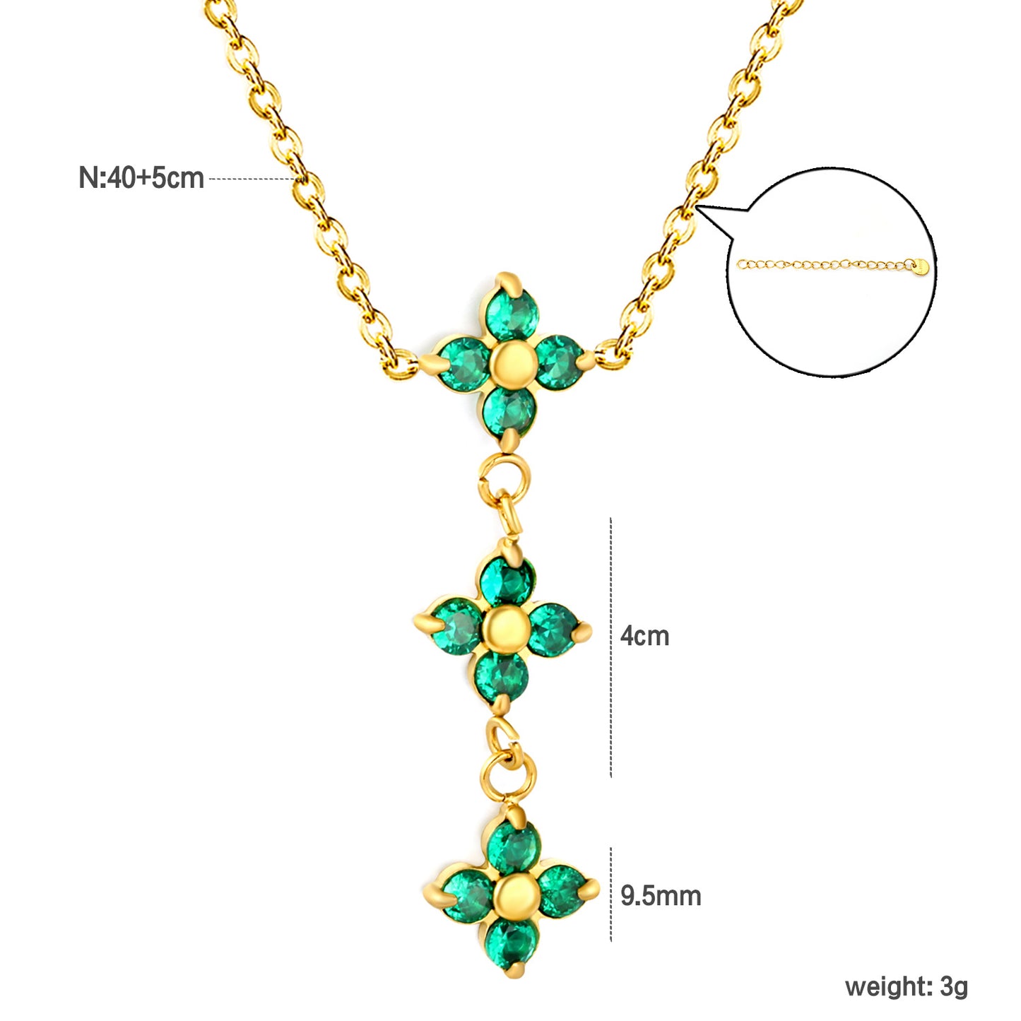 Triple Emerald Green CZ Four Leaf Clover Drop Y-Necklace Gold