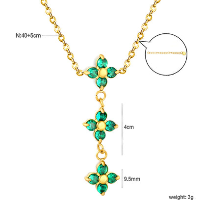 Triple Emerald Green CZ Four Leaf Clover Drop Y-Necklace Gold