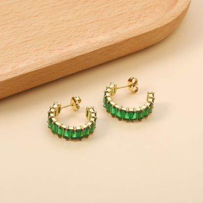 Vintage Green Baguette Cut Zircon Channel Set C-Shape Stud Earrings