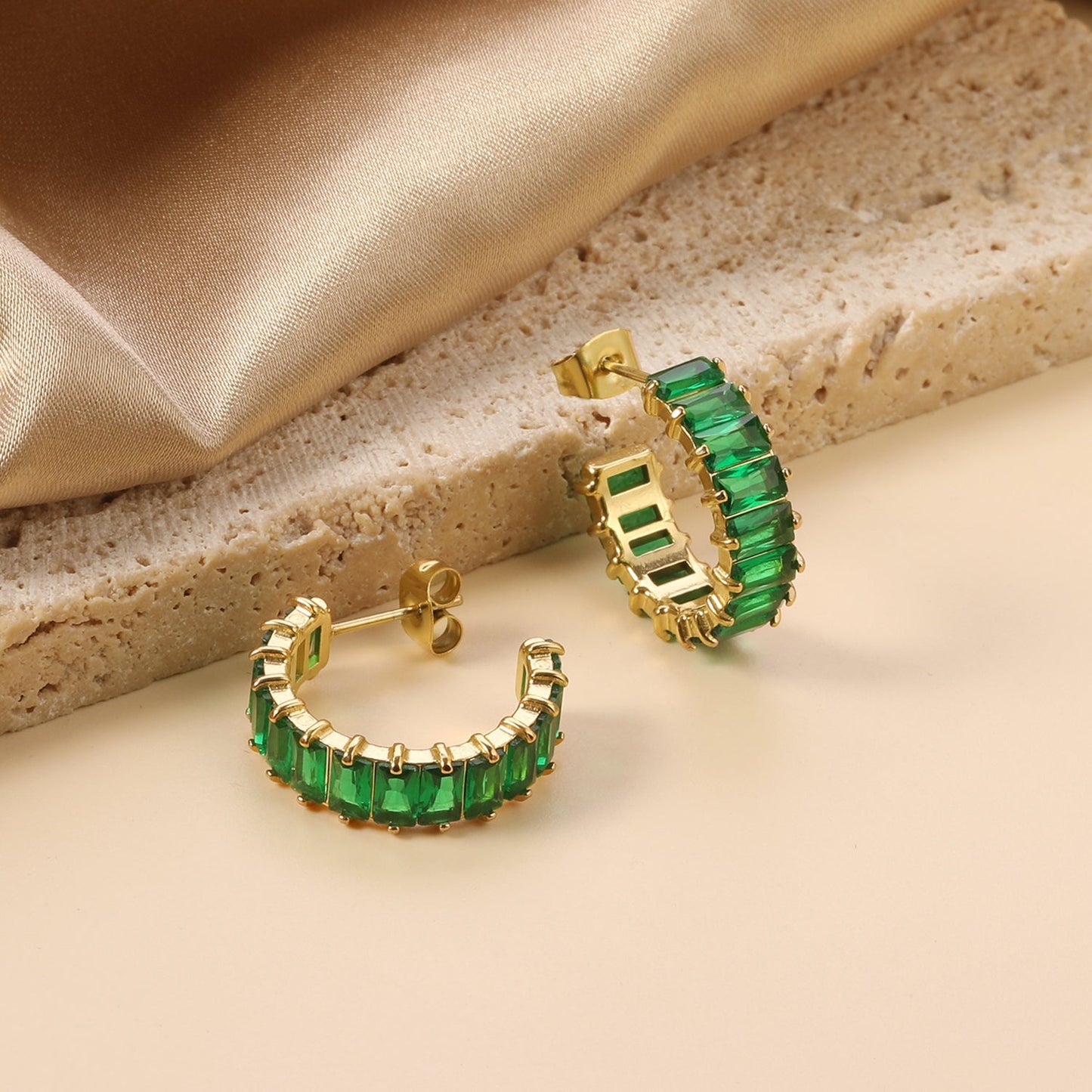Vintage Green Baguette Cut Zircon Channel Set C-Shape Stud Earrings