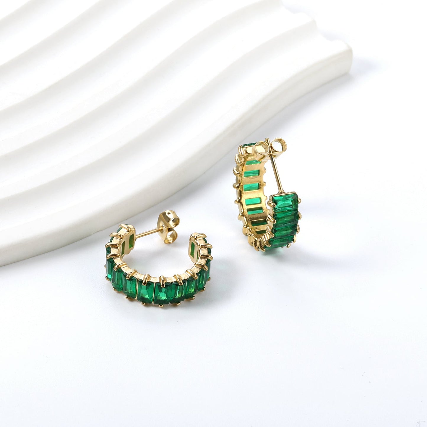 Vintage Green Baguette Cut Zircon Channel Set C-Shape Stud Earrings
