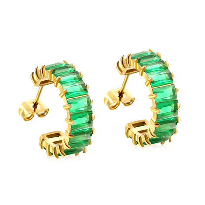 Vintage Green Baguette Cut Zircon Channel Set C-Shape Stud Earrings