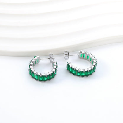 Vintage Green Baguette Cut Zircon Channel Set C-Shape Stud Earrings