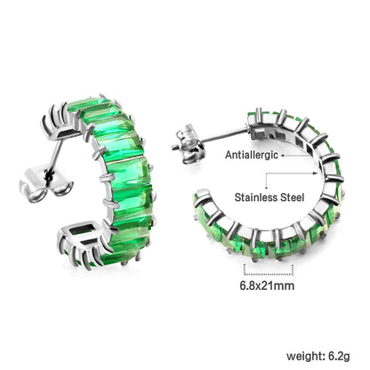 Vintage Green Baguette Cut Zircon Channel Set C-Shape Stud Earrings