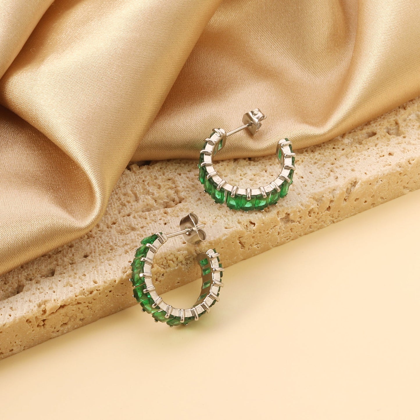 Vintage Green Baguette Cut Zircon Channel Set C-Shape Stud Earrings