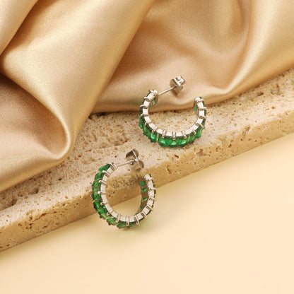 Vintage Green Baguette Cut Zircon Channel Set C-Shape Stud Earrings