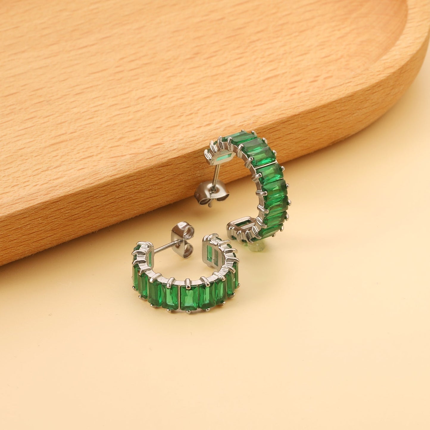 Vintage Green Baguette Cut Zircon Channel Set C-Shape Stud Earrings