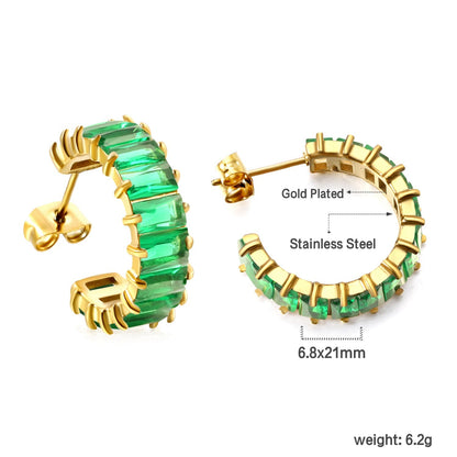 Vintage Green Baguette Cut Zircon Channel Set C-Shape Stud Earrings