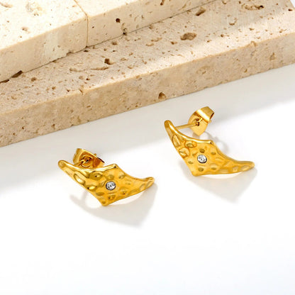 Vintage Hammered Rhombus Solitaire CZ Stud Earrings Waterproof Textured Gold Post Earrings
