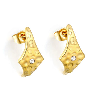 Vintage Hammered Rhombus Solitaire CZ Stud Earrings Waterproof Textured Gold Post Earrings