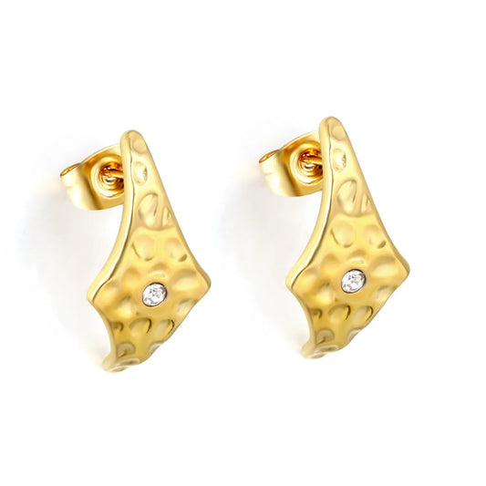 Vintage Hammered Rhombus Solitaire CZ Stud Earrings Waterproof Textured Gold Post Earrings