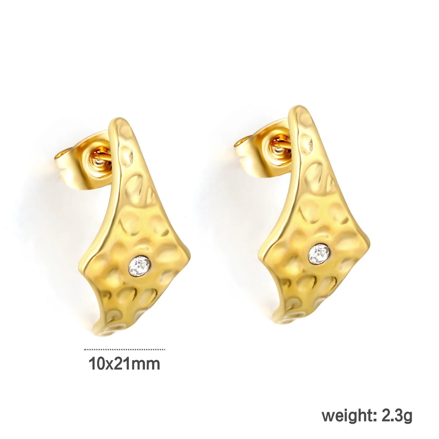 Vintage Hammered Rhombus Solitaire CZ Stud Earrings Waterproof Textured Gold Post Earrings