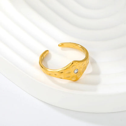 Hammered Texture Solitaire CZ Asymmetric Open Ring Waterproof Gold Adjustable Band Size 7