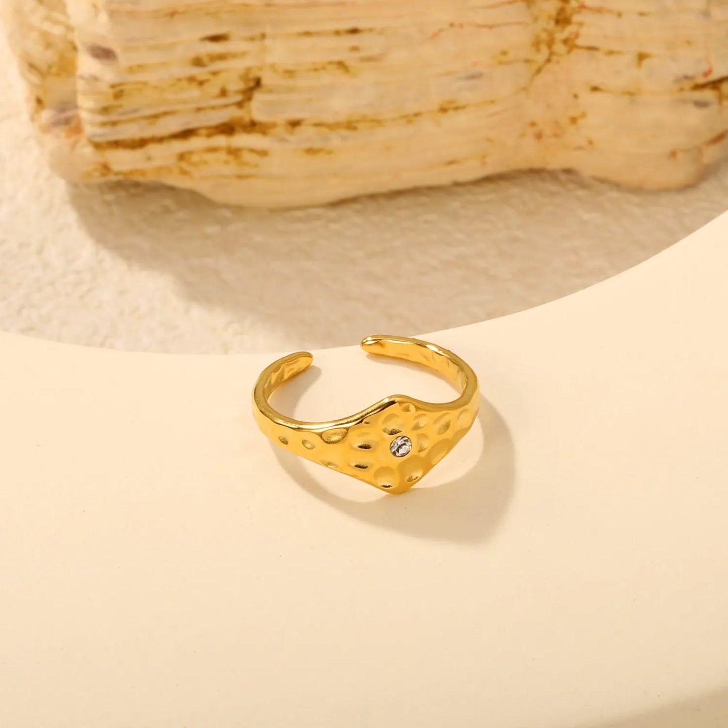 Hammered Texture Solitaire CZ Asymmetric Open Ring Waterproof Gold Adjustable Band Size 7