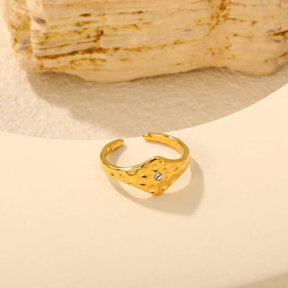 Hammered Texture Solitaire CZ Asymmetric Open Ring Waterproof Gold Adjustable Band Size 7