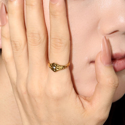 Hammered Texture Solitaire CZ Asymmetric Open Ring Waterproof Gold Adjustable Band Size 7