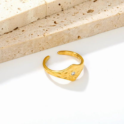 Hammered Texture Solitaire CZ Asymmetric Open Ring Waterproof Gold Adjustable Band Size 7