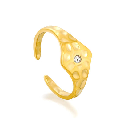 Hammered Texture Solitaire CZ Asymmetric Open Ring Waterproof Gold Adjustable Band Size 7