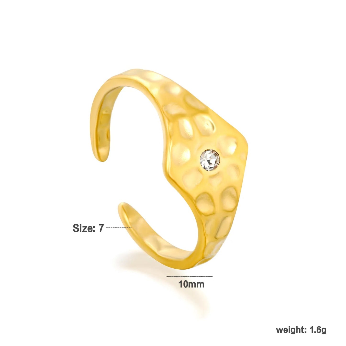 Hammered Texture Solitaire CZ Asymmetric Open Ring Waterproof Gold Adjustable Band Size 7