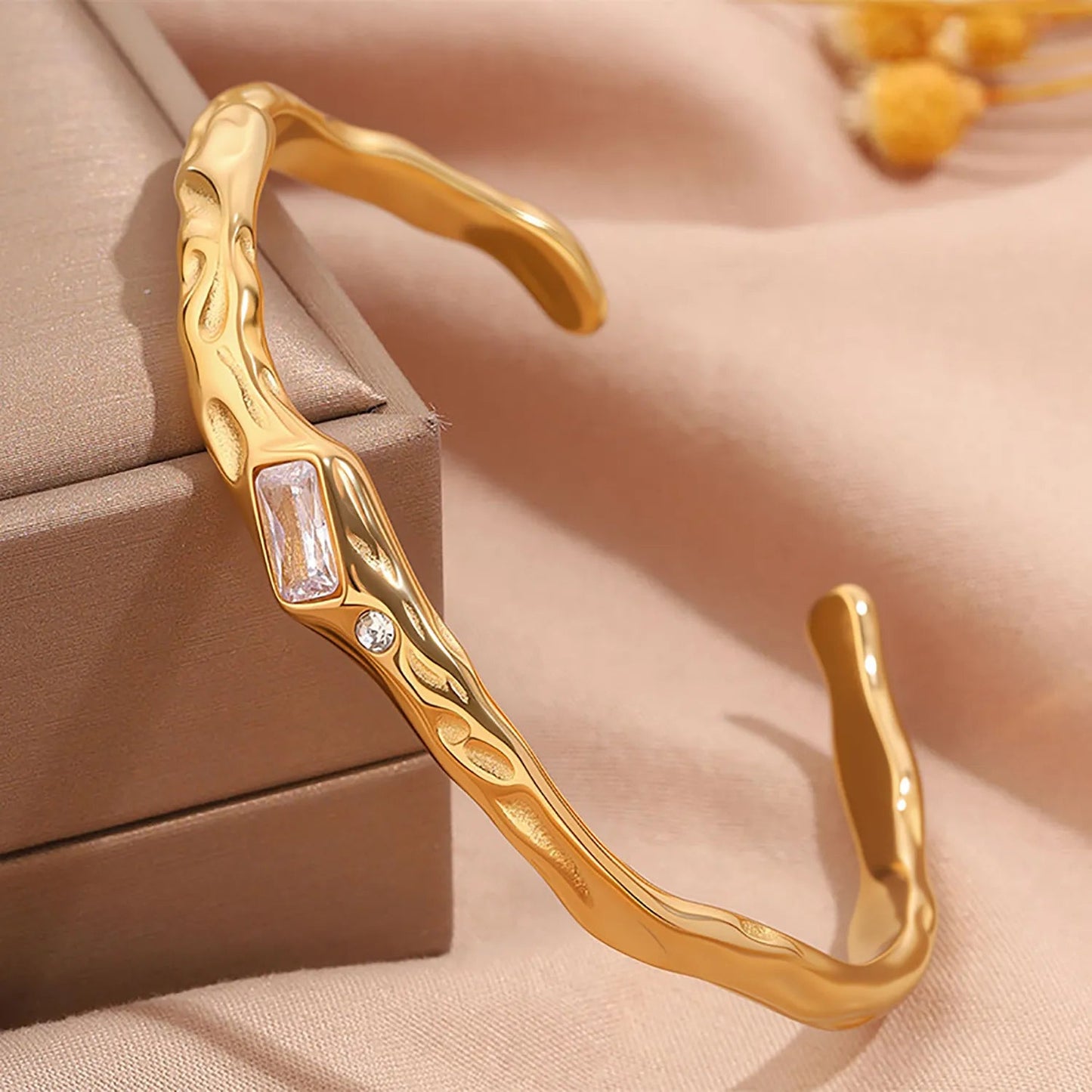 Bulk Purchase 18.6g Heavy Duty Hammered Baguette CZ Open Cuff Bangle 304L