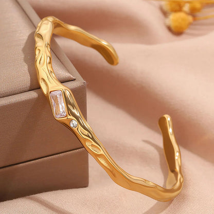 Bulk Purchase 18.6g Heavy Duty Hammered Baguette CZ Open Cuff Bangle 304L