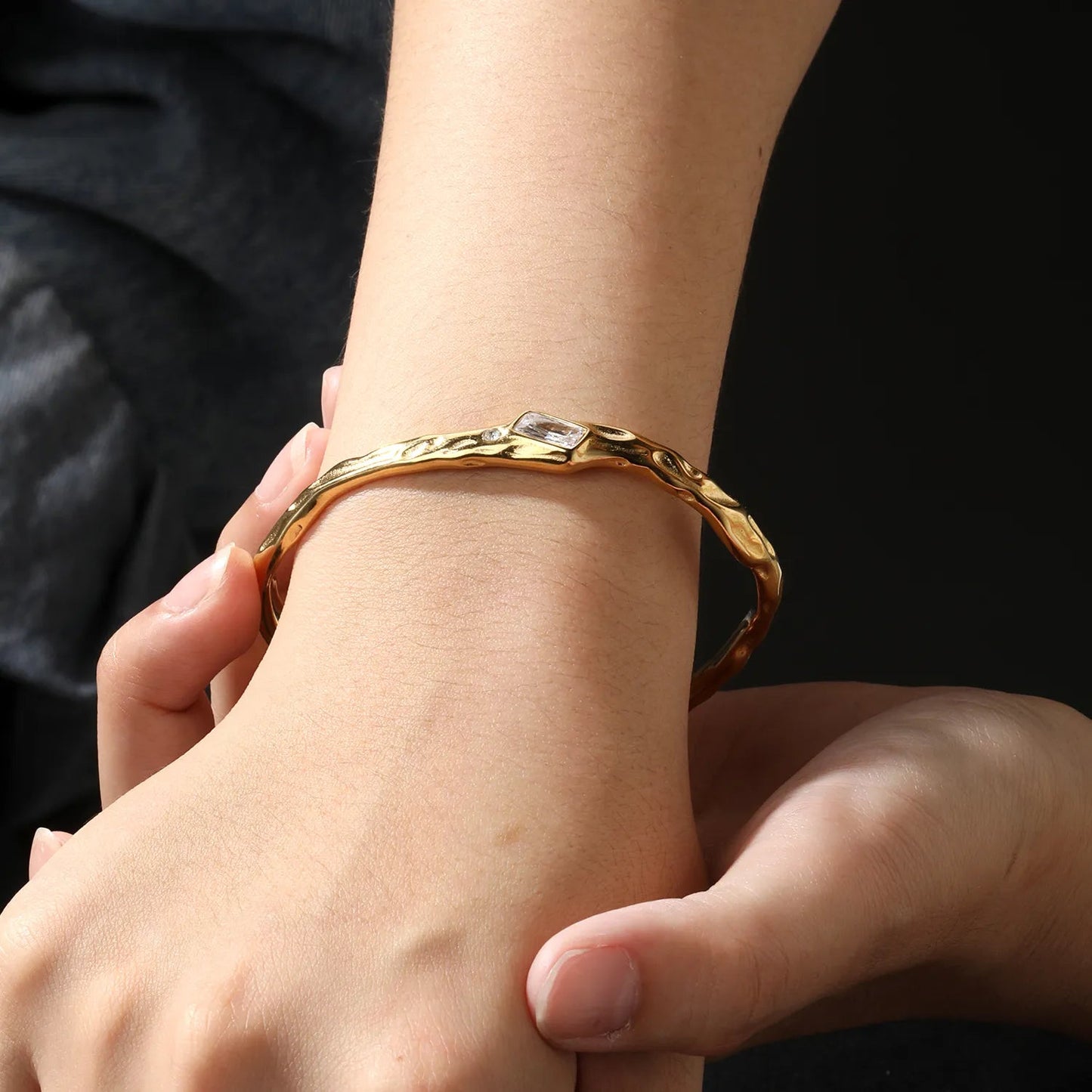 Bulk Purchase 18.6g Heavy Duty Hammered Baguette CZ Open Cuff Bangle 304L
