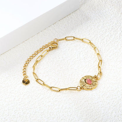 Waterproof 18K Gold Plated Oval Pink Gemstone Hammered Disc Bracelet