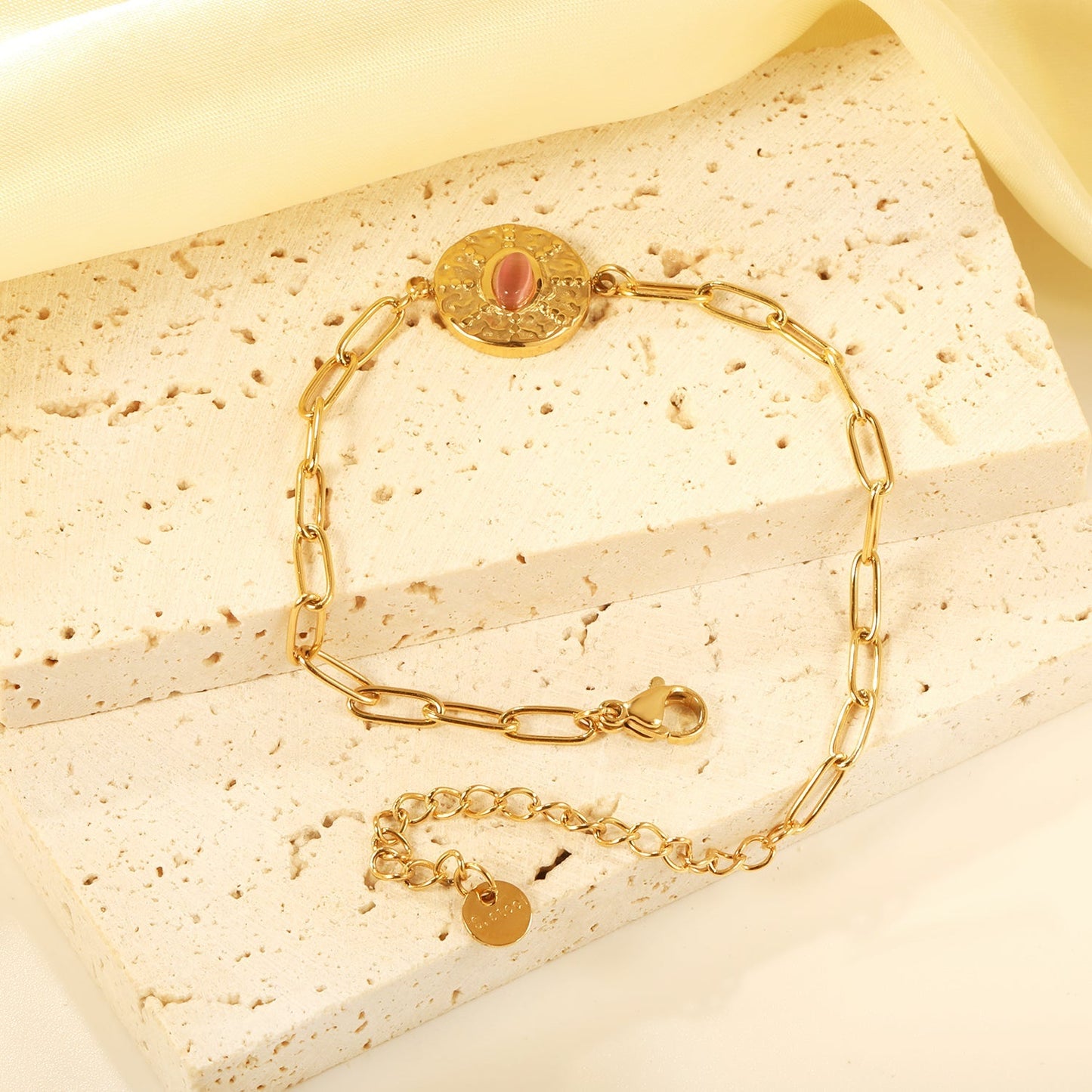 Waterproof 18K Gold Plated Oval Pink Gemstone Hammered Disc Bracelet