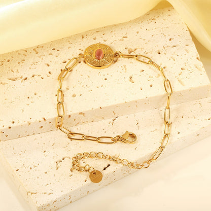 Waterproof 18K Gold Plated Oval Pink Gemstone Hammered Disc Bracelet