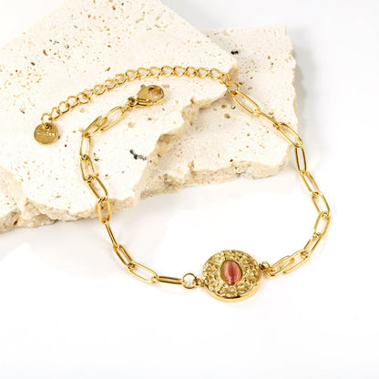 Waterproof 18K Gold Plated Oval Pink Gemstone Hammered Disc Bracelet