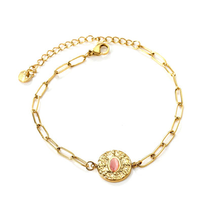 Waterproof 18K Gold Plated Oval Pink Gemstone Hammered Disc Bracelet