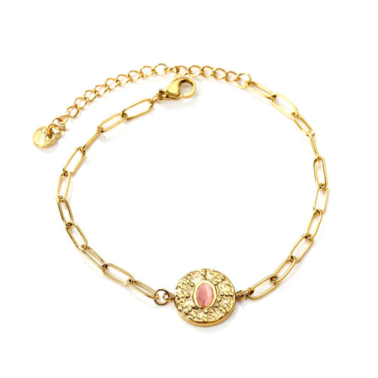 Waterproof 18K Gold Plated Oval Pink Gemstone Hammered Disc Bracelet