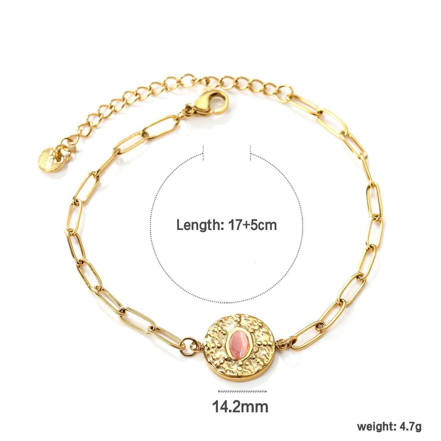 Waterproof 18K Gold Plated Oval Pink Gemstone Hammered Disc Bracelet