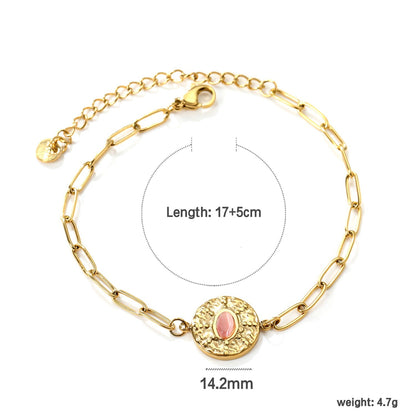 Waterproof 18K Gold Plated Oval Pink Gemstone Hammered Disc Bracelet