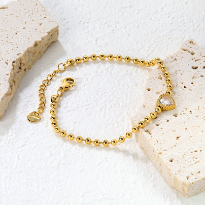 Minimalist 304L Stainless Steel Heart CZ Beaded Bracelet for Women