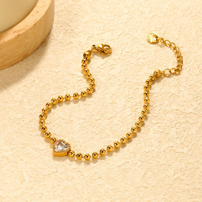 Minimalist 304L Stainless Steel Heart CZ Beaded Bracelet for Women