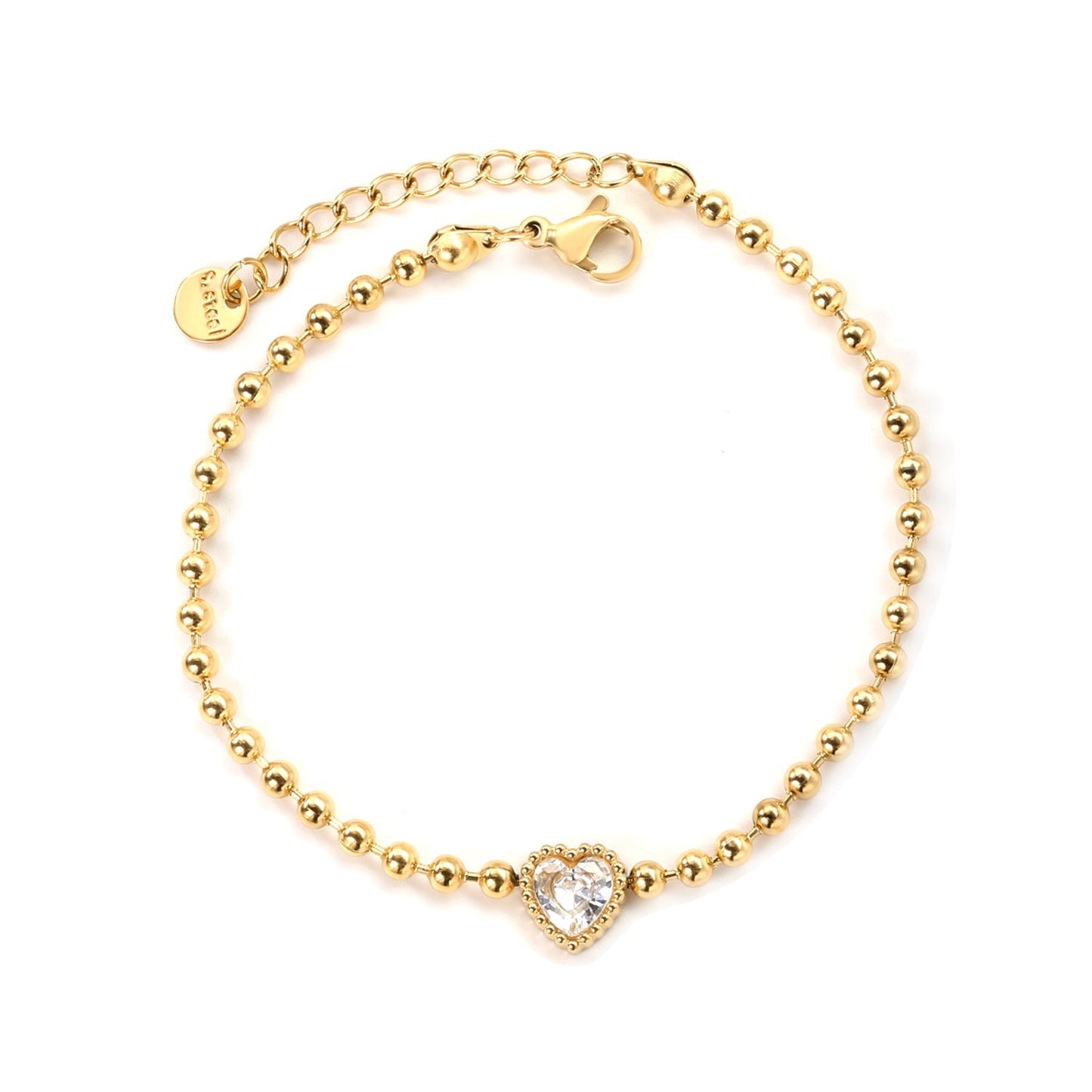 Minimalist 304L Stainless Steel Heart CZ Beaded Bracelet for Women