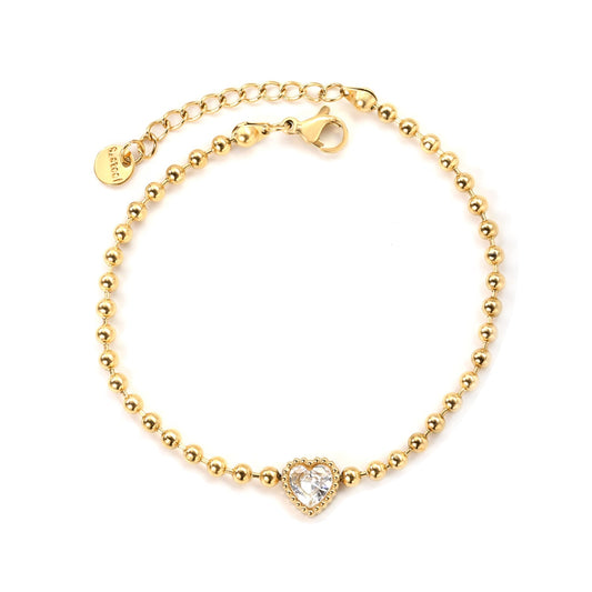 Minimalist 304L Stainless Steel Heart CZ Beaded Bracelet for Women