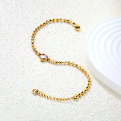 Minimalist 304L Stainless Steel Heart CZ Beaded Bracelet for Women