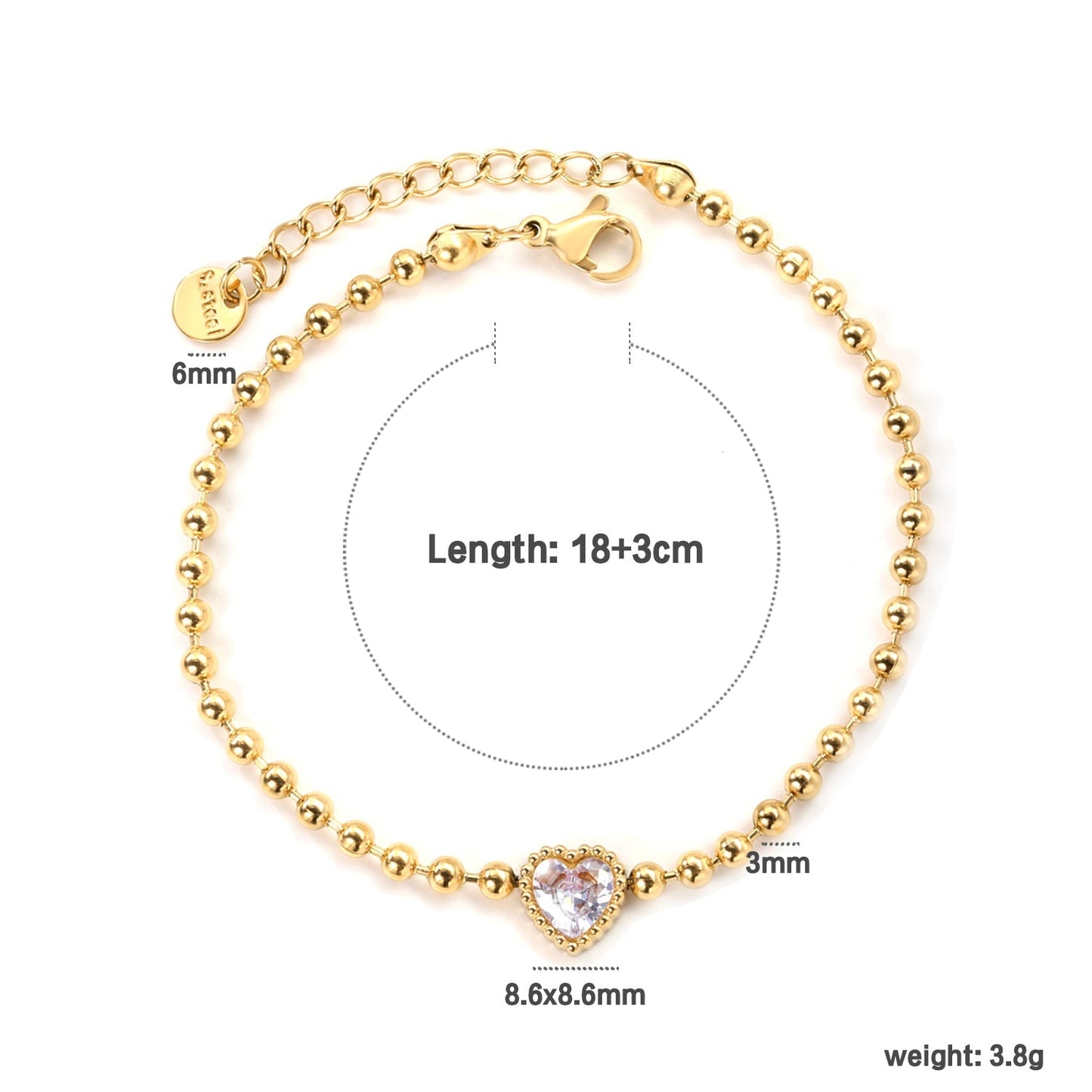 Minimalist 304L Stainless Steel Heart CZ Beaded Bracelet for Women