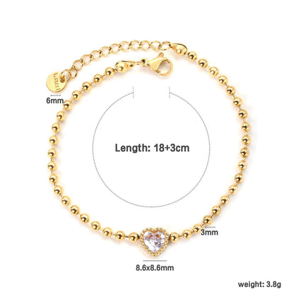 Minimalist 304L Stainless Steel Heart CZ Beaded Bracelet for Women