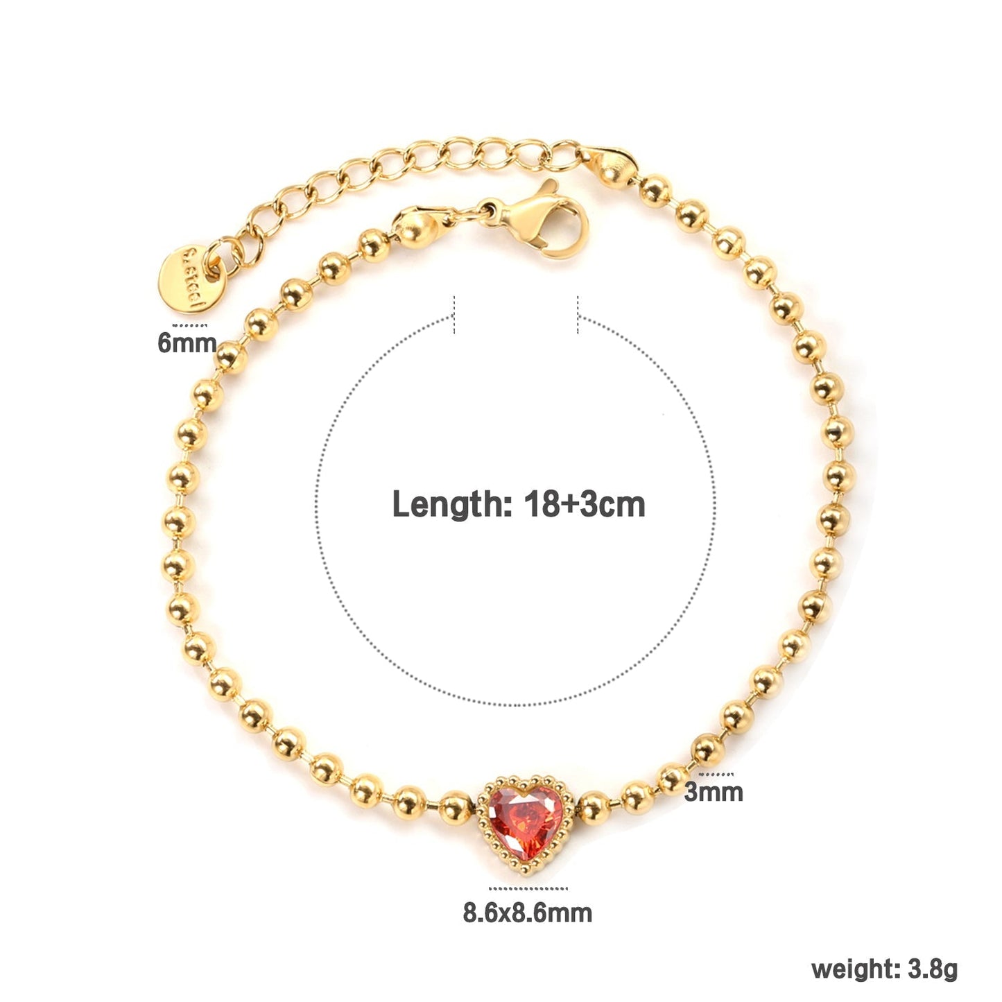 Minimalist 304L Stainless Steel Heart CZ Beaded Bracelet for Women