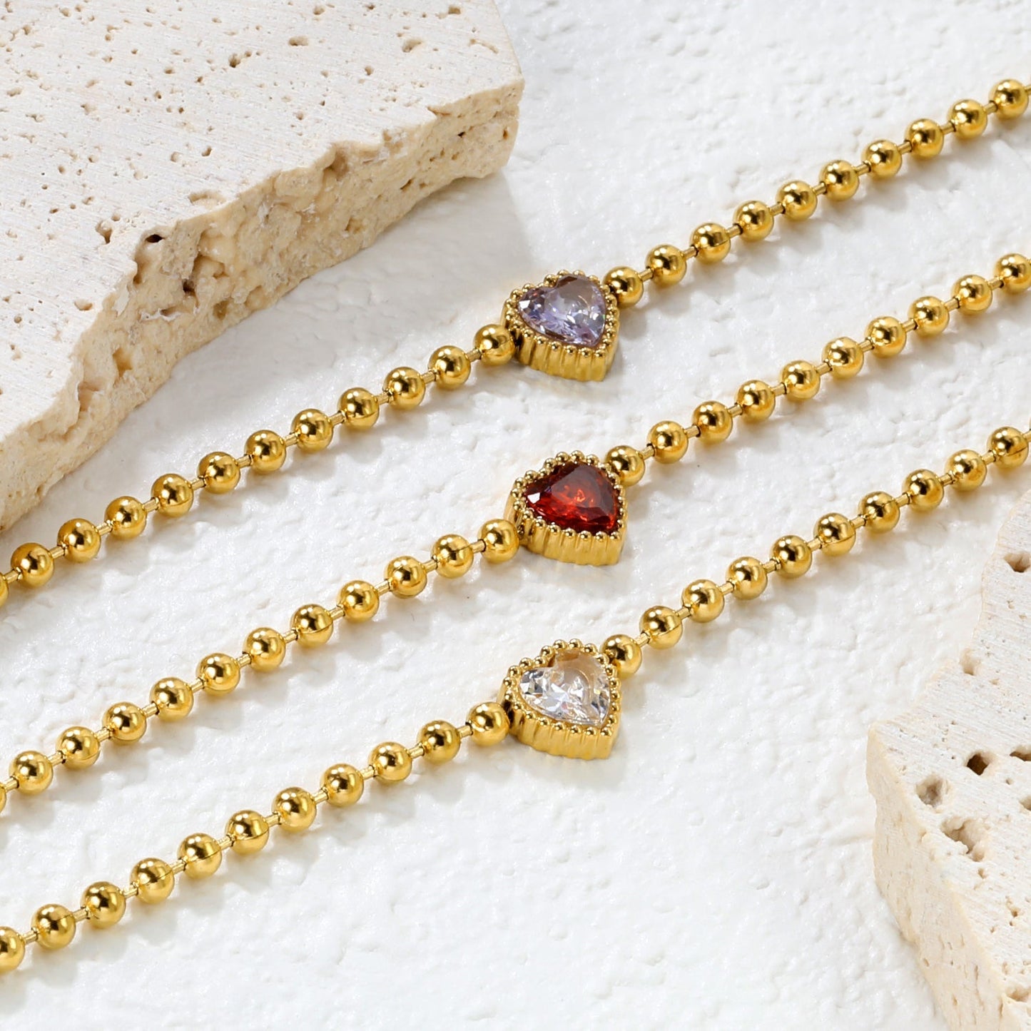 Minimalist 304L Stainless Steel Heart CZ Beaded Bracelet for Women