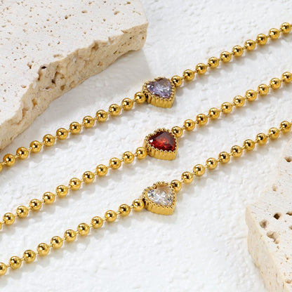 Minimalist 304L Stainless Steel Heart CZ Beaded Bracelet for Women