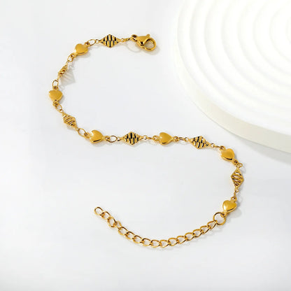 Waterproof 18K Gold Plated Textured Diamond and Polished Heart Bracelet
